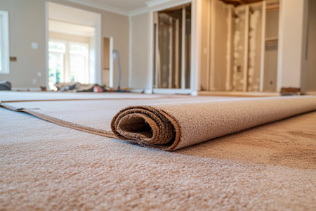 A rolled carpet lies on freshly laid padding in a bright, spacious room. Tools and materials surround the area as workers prepare for the final touches on the floor transformation.の素材