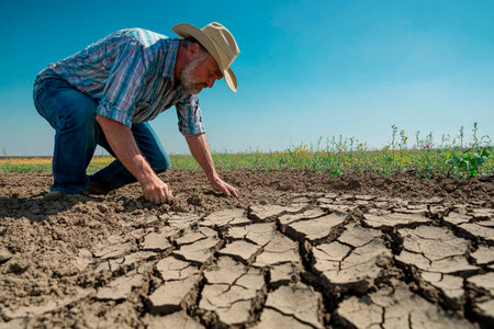 A dedicated farmer kneels in a cracked, dry field, inspecting the parched earth. The bright blue sky stretches overhead, contrasting with the urgent situation of drought affecting crops.の素材