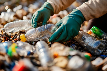 Dedicated volunteers wearing green gloves carefully pick up plastic bottles scattered across the ground, working together to restore the natural beauty of their local park.の素材
