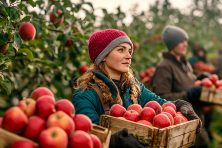 Workers gather ripe apples in a scenic orchard as autumn colors flourish. The crisp air and lively atmosphere enhance their teamwork and dedication to the harvest process.の素材