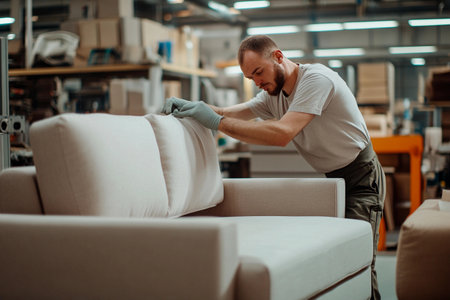 A skilled artisan adjusts the upholstery of a modern couch in a well-lit furniture workshop. The warm atmosphere reflects craftsmanship and dedication at work, creating an inviting space.の素材