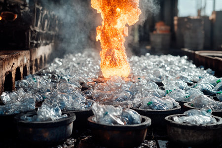 Flames dance above heaps of discarded plastic bottles being processed in a fiery recycling facility.の素材