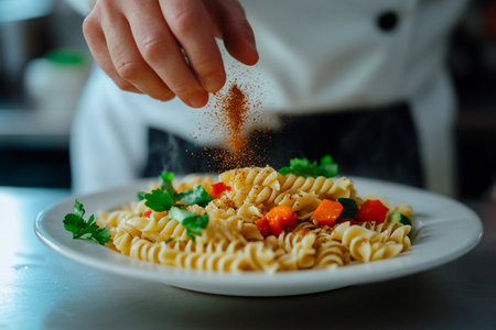 A skilled chef enhances a plate of colorful pasta with a touch of seasoning, bringing life to the dish. Fresh vegetables and herbs add flavor and vibrancy against the backdrop of a busy kitchen.の素材