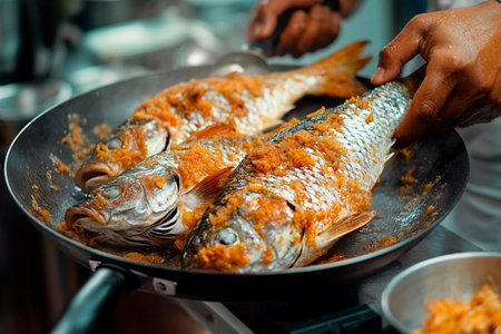 Chefs skillfully prepare whole fish seasoned with vibrant spices in a lively kitchen during the evening. The warmth of the colors and aromas fills the air, creating a cozy atmosphere.の素材