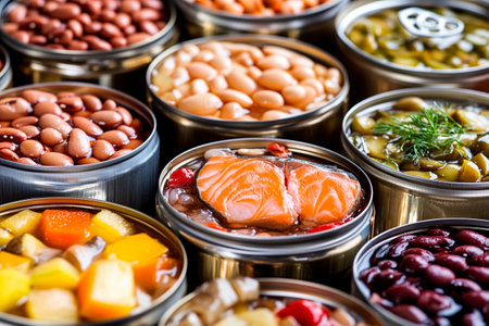 An array of beautifully arranged canned foods showcases an explosion of colors and textures. The selection includes beans, fruits, fish, and vegetables, evoking a sense of abundance.の素材
