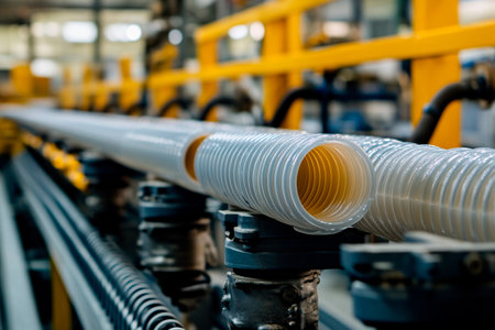 Rows of transparent plastic tubing are meticulously produced in a busy factory.の素材