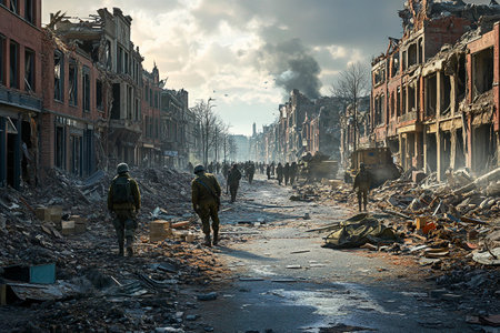 Amid the ruins of a devastated city, soldiers move cautiously through rubble-strewn streets. The air is thick with smoke, hinting at remnants of a fierce battle while clouds gather ominously.の素材