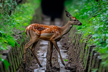 A young deer walks cautiously along a narrow, muddy pathway lined with vibrant greenery under soft, warm light. The forest atmosphere envelops the creature, creating a serene moment.の素材