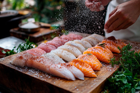 Expert hands delicately season a colorful array of fresh sushi on a wooden board in a lively kitchen. The aroma of spices fills the air, creating a deliciously inviting atmosphere.の素材