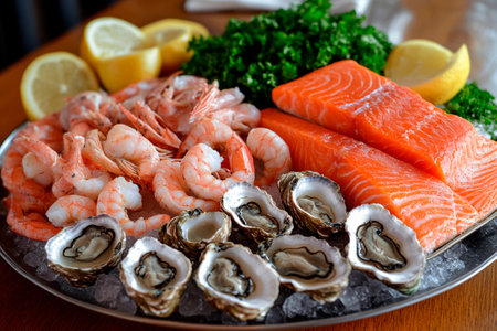 A vibrant seafood platter showcases succulent shrimp, glistening salmon fillets, and fresh oysters, beautifully arranged with bright lemon slices and lush parsley on a rustic wooden table.の素材