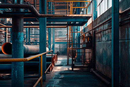 Intricate steel beams and large pipes intertwine in a vast manufacturing corridor. Soft light filters through dusty windows, creating a unique atmosphere that highlights industrial elegance.の素材