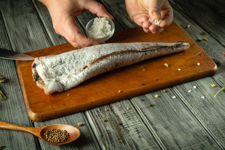A skilled chef prepares a long, fresh fish on a wooden cutting board, seasoning it with salt and...
