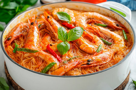 A vibrant pot showcases succulent shrimp nestled in delicate noodles, infused with fresh herbs and spicy chilies. The enticing aroma fills the air, creating a feast for the senses in a cozy kitchen.の素材