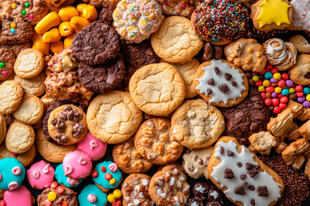 An enticing array of cookies and sweets adorns a tabletop, featuring various shapes and colors that invite indulgence. The vibrant display captures the essence of a joyful feast.の素材