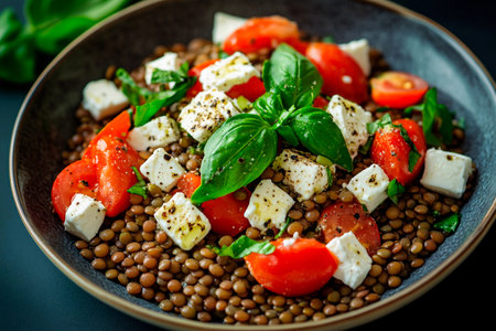 A colorful dish showcases earthy lentils paired with ripe red tomatoes and crumbled cheese, garnished with fragrant basil leaves. Perfect for a light lunch or dinner on a warm day.の素材