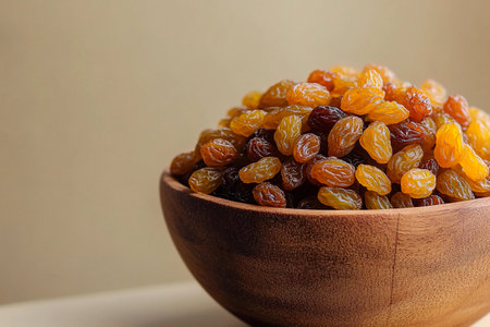 A wooden bowl overflows with a vibrant mix of golden and dark raisins, showing their smooth textures and rich hues. The warm, soft backdrop enhances their natural beauty, inviting indulgence.の素材
