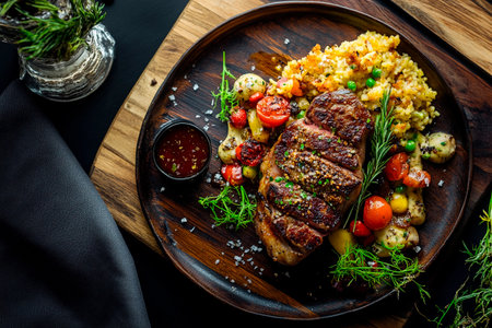 A beautifully arranged plate features a perfectly grilled steak with a crusty exterior.の素材