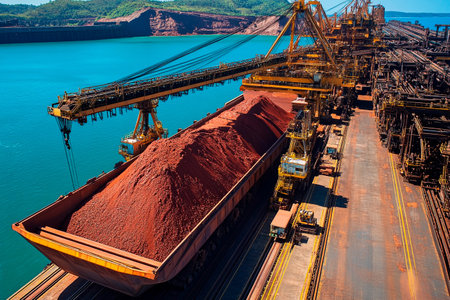 Heavy machinery operates efficiently at a vibrant coastal port, where iron ore is loaded onto large vessels. The setting sun reflects off the calm waters, creating a stunning backdrop.の素材