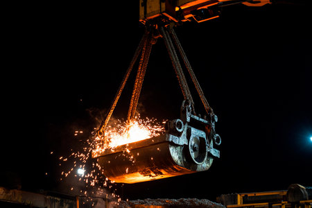 At night, a massive crane hoists a glowing crucible laden with molten metal. Sparks illuminate the surroundings, showcasing the hustle of workers in a dynamic foundry environment.の素材