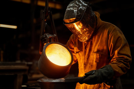 A skilled worker focuses intently as he pours glowing molten metal into a mold, surrounded by the warm ambiance of an industrial workshop at dusk, highlighting craftsmanship and dedication.の素材
