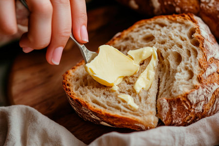 A hand spreads creamy butter on a slice of freshly baked bread placed on a wooden board. The warm and inviting kitchen atmosphere enhances the simple pleasure of this moment.の素材