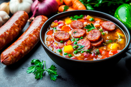 A flavorful stew filled with chunks of sausage, colorful vegetables, and herbs sits in a black bowl. Fresh ingredients like garlic, onion, and carrots surround the dish, inviting preparation.の素材