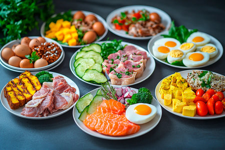 Colorful assortment of fresh ingredients arranged on multiple plates includes vegetables, meats, and eggs, showcasing healthy meal prep options in a contemporary kitchen setting.の素材