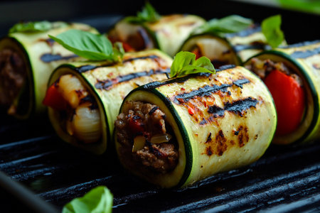 Grilled zucchini rolls are displayed on a grill, showing a colorful mixture of vegetables and meat inside. Fresh basil accents the presentation, emphasizing a healthy meal.の素材