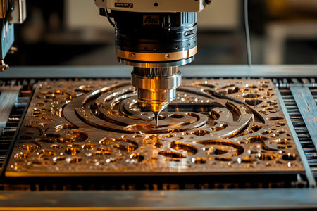 A cutting machine is in action, meticulously intricate shaping designs on a metal sheet. The workshop is illuminated, highlighting the craftsmanship involved.の素材