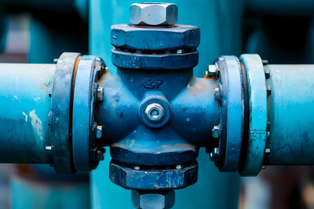 Metallic pipe joint features a robust design, linking several industrial pipes. The setting suggests a working facility with a focus on machinery.の素材