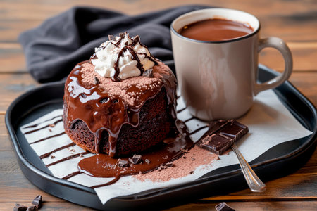 A decadent chocolate cake topped with whipped cream and syrup sits beside a steaming cup of hot chocolate. The rustic wooden table adds warmth and charm to this delightful treat.の素材