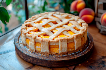 A beautiful peach pie with a golden lattice crust sits on a wooden surface. Fresh ripe peaches are nearby, creating a warm and inviting atmosphere in a cozy kitchen.の素材