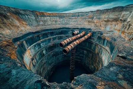 A vast excavation site features a deep pit filled with water and metal pipes extending into its depths, surrounded by rugged terrain and a moody sky indicating impending weather.の素材