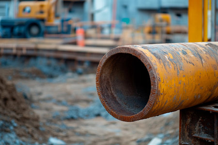A large, worn yellow pipe is positioned prominently at a bustling construction site. Heavy machinery works in the background under a clear sky, showcasing urban development.の素材