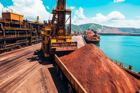 A large excavator transfers iron ore from the pier to ships cargo in a busy port. The bright blue sky and calm water enhance the productive atmosphere of the industrial site.の素材