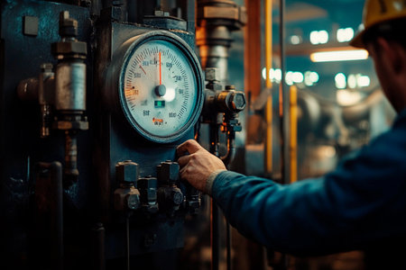 A worker in a safety helmet carefully monitors and adjusts a pressure gauge in an industrial setting, ensuring optimal system performance. Bright light filters through the facility.の素材
