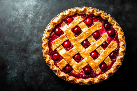 A freshly baked cherry pie with a golden lattice crust sits on a dark surface, showing bright red cherries on top, evoking a warm, homemade feeling.の素材