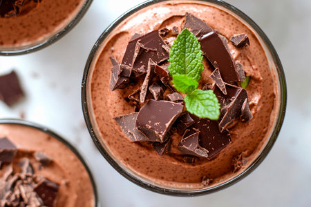 Indulgent chocolate mousse served in glass bowls, garnished with chocolate shavings and a sprig of fresh mint, displayed on a light background.の素材