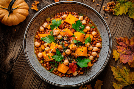 A warm bowl of stew showcases vibrant pumpkin cubes, chickpeas, and lentils, garnished with fresh herbs, nestled on a rustic wooden table surrounded by colorful leaves.の素材