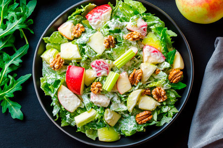A bowl of vibrant salad featuring crisp lettuce, tart apples, crunchy celery, and walnuts. This nutritious dish is perfect for a light meal or appetizer, served with a creamy dressing.の素材