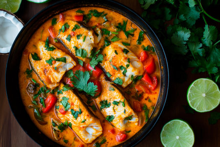 Fresh fish fillets are simmering in a rich coconut curry sauce with vibrant red peppers, garnished with cilantro, showing a vibrant meal perfect for a sunny afternoon.の素材