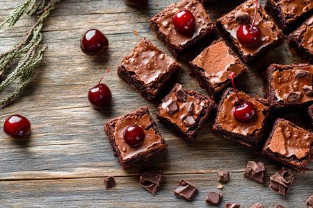 Deliciously rich chocolate brownies are beautifully arranged on a rustic wooden surface, topped with cherries and chocolate chips. The presentation highlights the enticing texture and colors.の素材