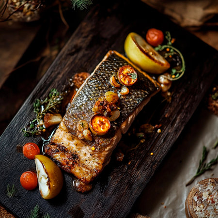 A beautifully plated grilled fish fillet sits on a dark wooden platter, topped with cherry tomatoes, herbs, and lemon. The dish is designed for presentation and flavor.の素材
