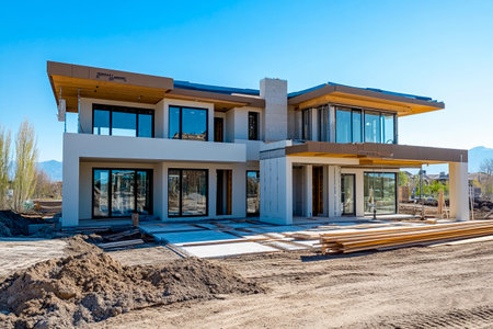 Workers are engaged in building a modern luxury home in an expansive lot. The construction features large windows and a contemporary design, set against a clear sky and distant mountains.の素材