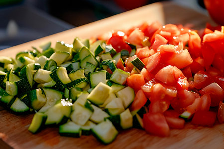 Brightly colored zucchini and tomatoes are neatly chopped on a wooden cutting board, illuminated by sunlight in a cozy kitchen, ready for a healthy meal preparation.の素材