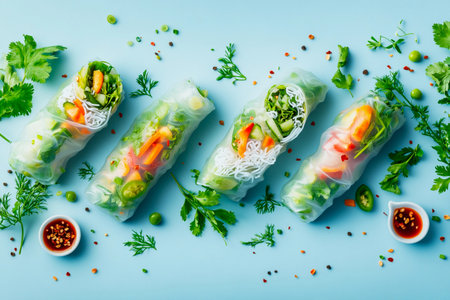 Colorful vegetable spring rolls are neatly arranged on a light blue surface. Each roll is filled with fresh herbs, noodles, and vibrant vegetables, accompanied by dipping sauce.の素材