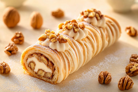 A beautifully presented dessert roll showcases layers of creamy filling and chopped nuts, decorated with icing and a light dusting of powdered sugar, perfect for special occasions.の素材