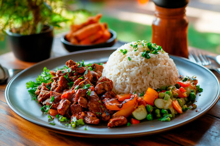 Savory grilled chicken is artfully arranged on a plate alongside fluffy white rice and a colorful medley of fresh vegetables, set in a vibrant outdoor dining space on a sunny day.の素材