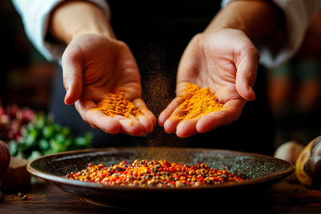 Hands are carefully pouring bright orange spice into a bowl filled with colorful peppercorns. The warm kitchen atmosphere enhances the cooking process.の素材
