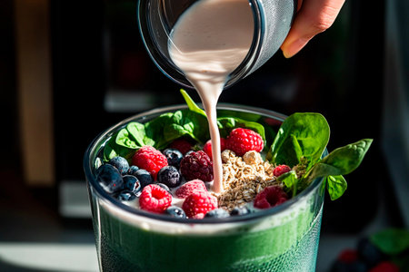 A hand pours a creamy mixture over a bowl of vibrant greens, berries, and granola in a bright kitchen. The colorful ingredients promise a nutritious treat.の素材